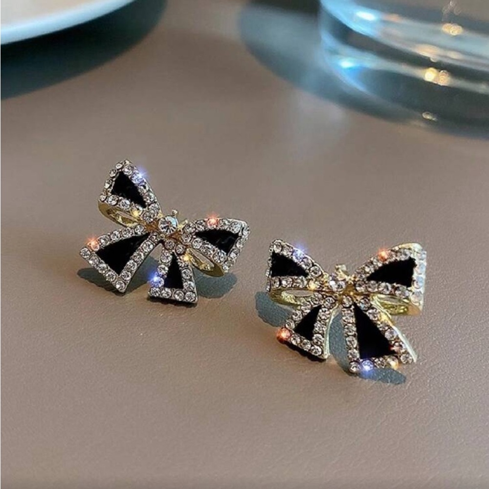 Black and Gold Rhinestone Bow Earrings